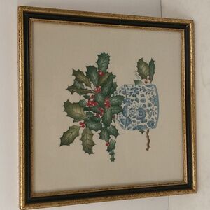 Vintage Theorem Painting on Velvet Red Berry Holly n Blue &White Vase 80s Framed
